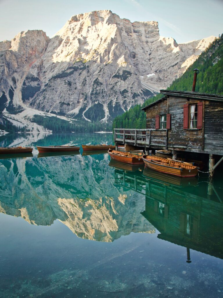 Dolomites - Braies Lake view with boats