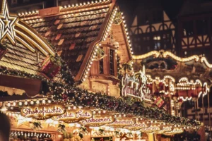 A detail of a wooden chalet from the Christmas markets