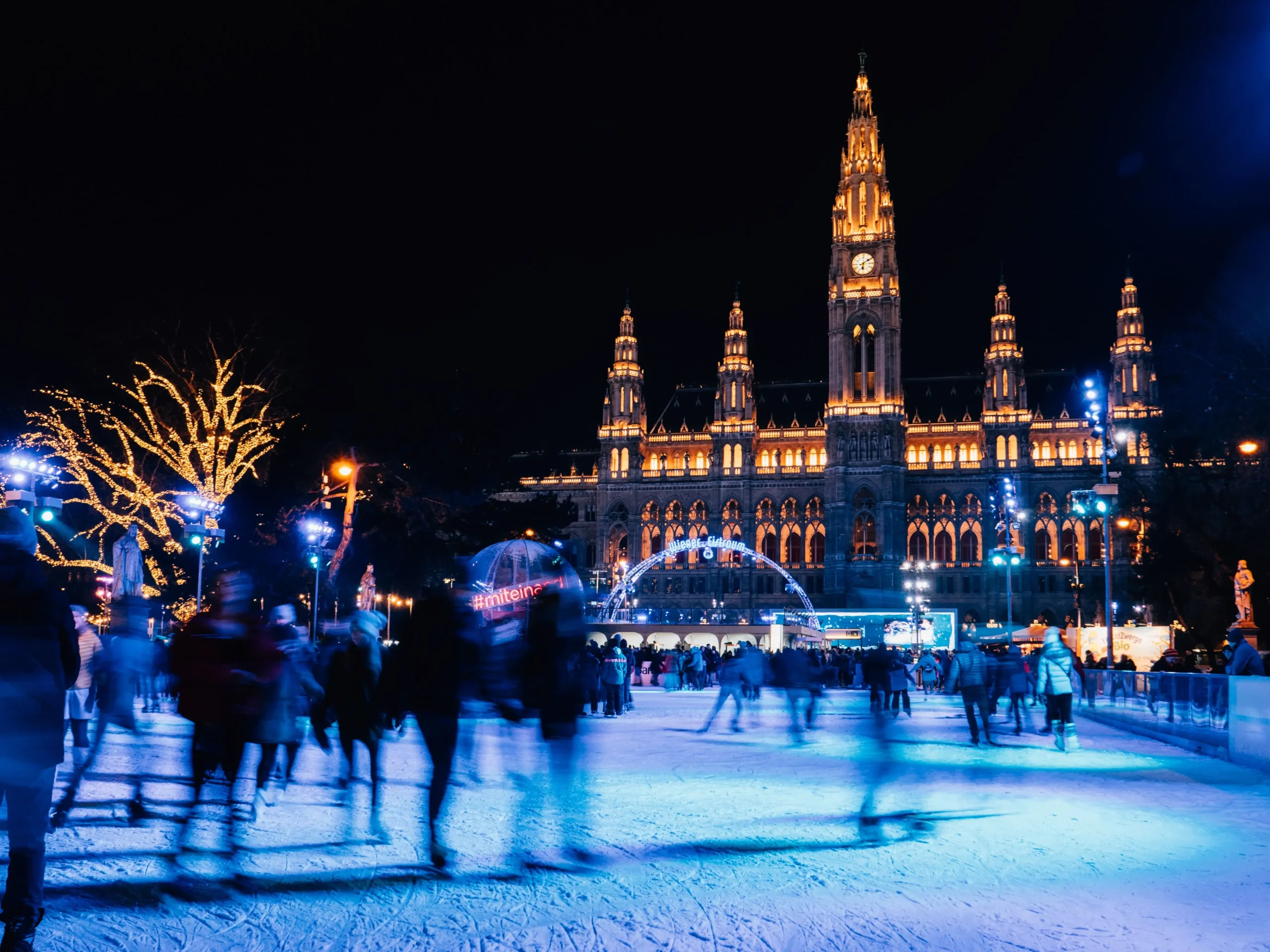 Christmas markets in Vienna, with a view of the ice rink