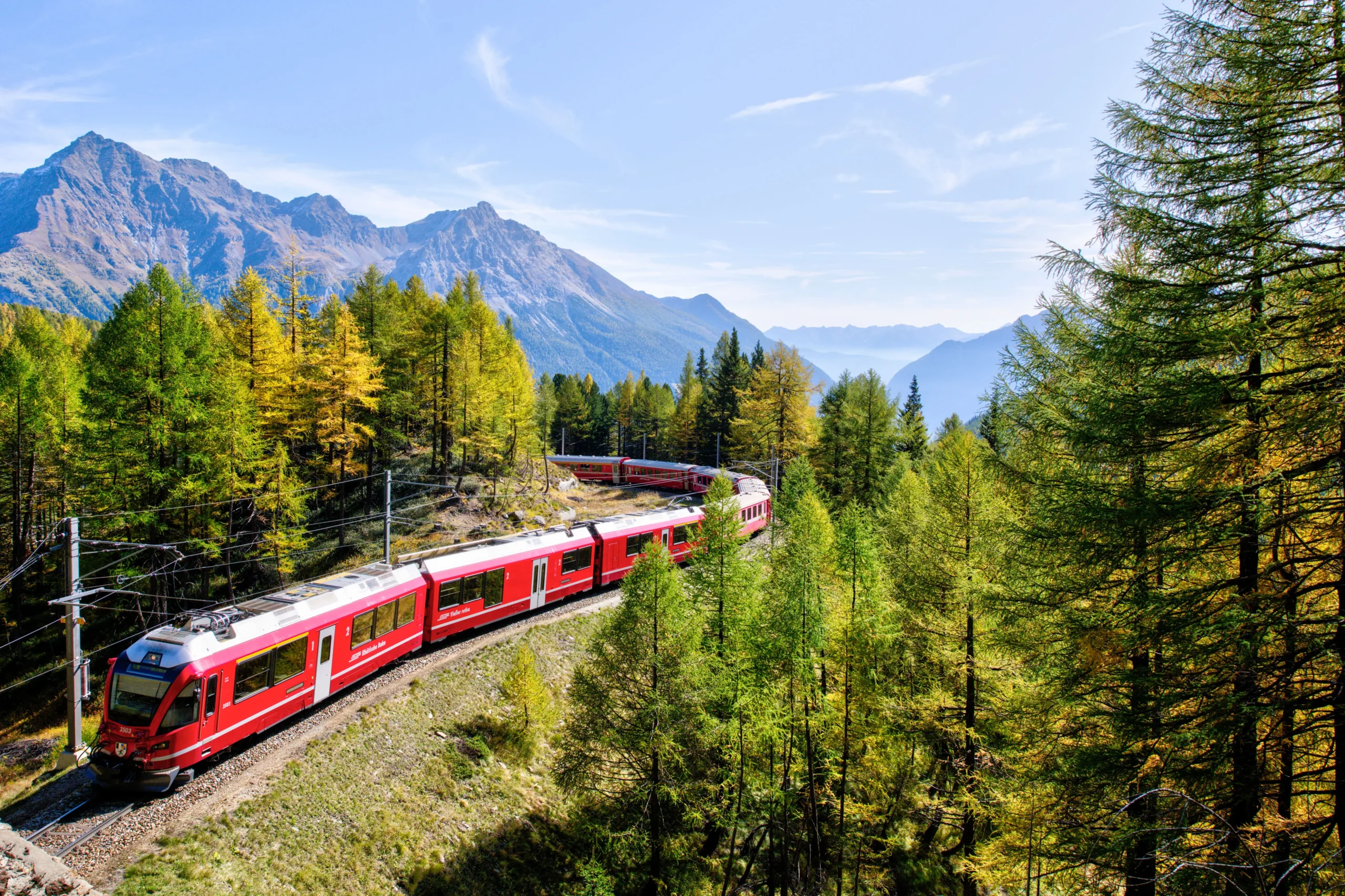Bernina Express scenic trail: Red train amidst the forest with mountains in the background.